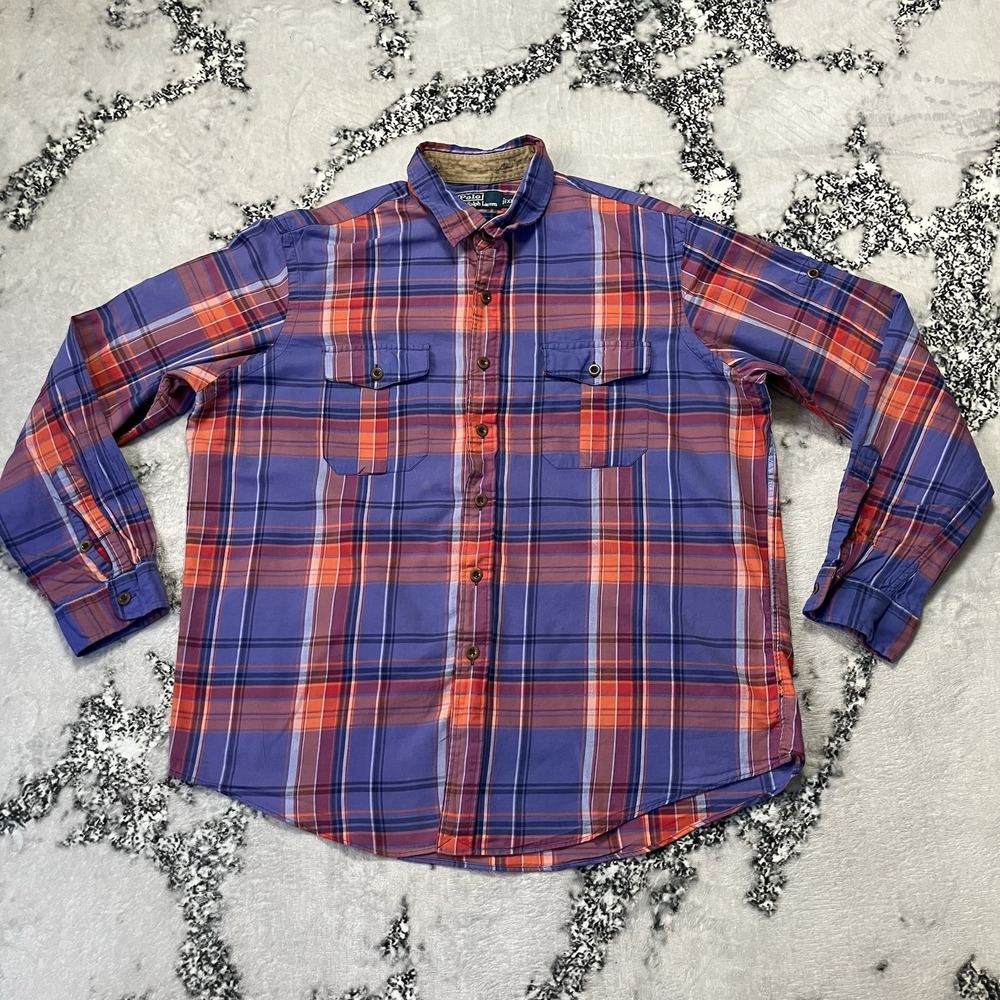 Polo Ralph Lauren Shirt Men Size XXL Blue Orange Plaid Long Sleeve Cotton Casual